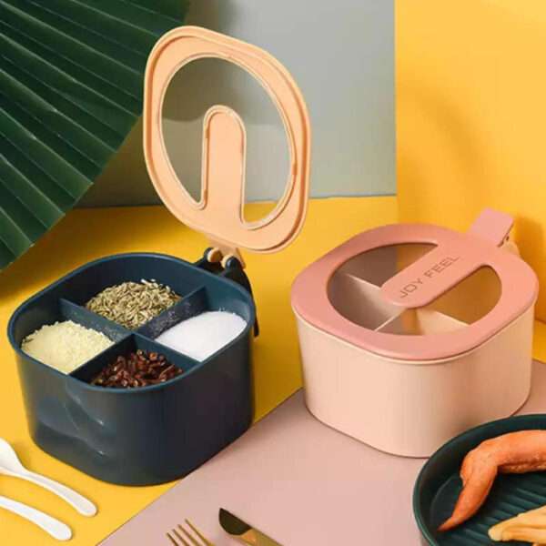 Multi Storage 4 Section Kitchen Spices Lid Box With Spoons pice Storage Spice Containers with Serving Spoons Spices Storage Box