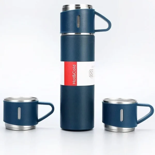 Double Wall Stainless Steel Thermo 500ml Approximate Vacuum Insulated Bottle Water Flask Gift Set with Two Cups Hot & Cold Assorted Color