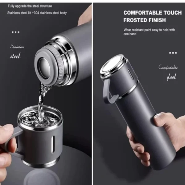 Double Wall Stainless Steel Thermo 500ml Approximate Vacuum Insulated Bottle Water Flask Gift Set with Two Cups Hot & Cold Assorted Color