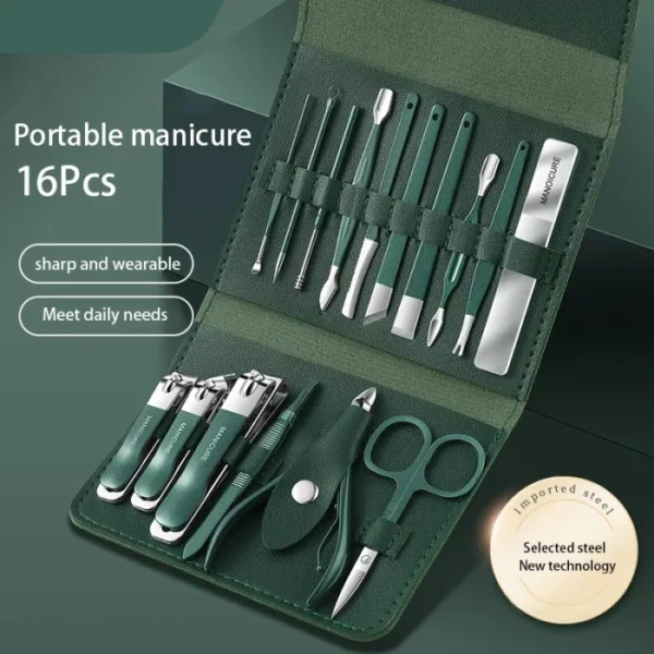 16 PCS Professional Stainless Steel Nail Clipper Manicure Pedicure Set With Leather Case