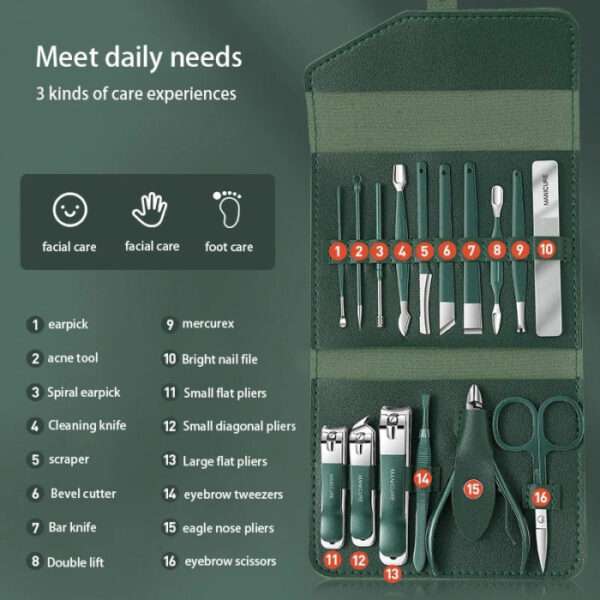 16 PCS Professional Stainless Steel Nail Clipper Manicure Pedicure Set With Leather Case