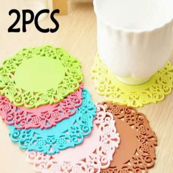 2PCS /Set Lace Pattern Silicone Heat Insulation Pad Pink and Lemon yellow