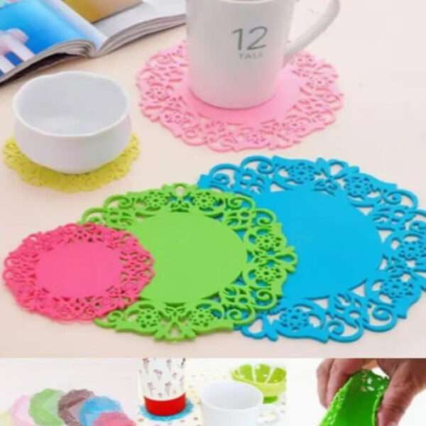 2PCS /Set Lace Pattern Silicone Heat Insulation Pad Pink and Lemon yellow